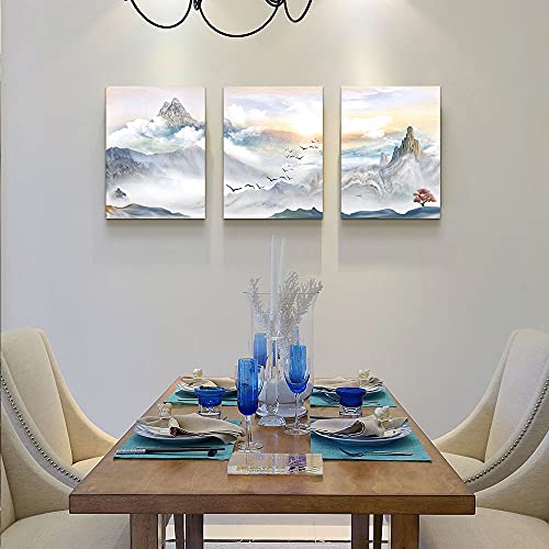 Image of Mountain Landscape Abstract Painting Canvas Wall Art For Living Room Bathroom Wall Decor For Bedroom Kitchen Artwork Canvas Prints 3 Pieces Modern Framed Office Home Decorations Watercolor Picture