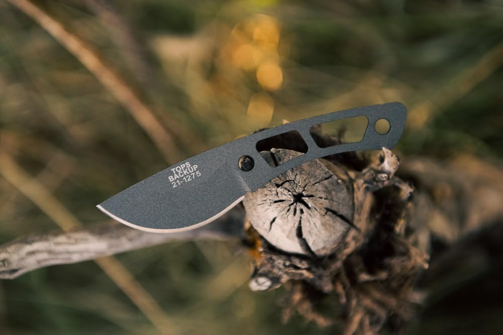 Tops Knives Backup Full Tang Skeletonized Fixed Blade Neck Knife - Black Kydex Sheath w/Neck Chain