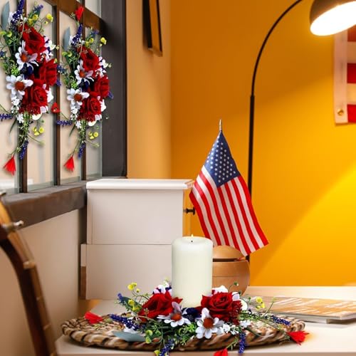 Image of 6 Pcs 4th of July Red White and Blue Candle Rings Wreath 3 Inch Patriotic Candle Rings Mini Wreath American Independence Day Rings Wreaths for Table Window Door Decor