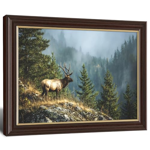 Image of Antique Framed Bull Elk Canvas Wall Art, Forest Wildlife Portrait Oil Painting Canvas Prints, Vintage Cabin Wall Decor Pictures for Living Room Bedroom Office