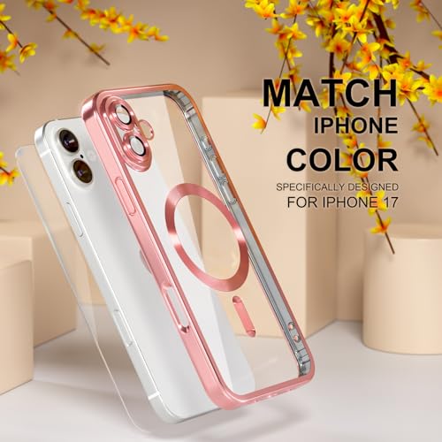 Image of Misea Magnetic for iPhone 17 Case Compatible with MagSafe Pink | [Never Yellowing] [Military Drop Protection] Full Camera Lens Protector Plating Soft Clear Phone Case for Women, Pink