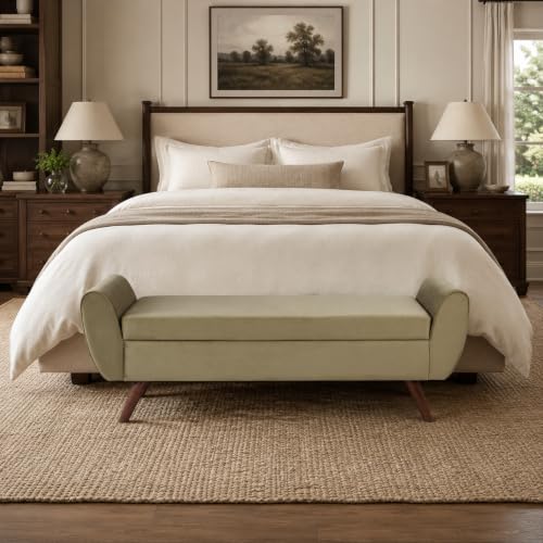 Image of HomePop 60 inch Modern Storage Bench with Wood Legs - Light Sage Green Velvet