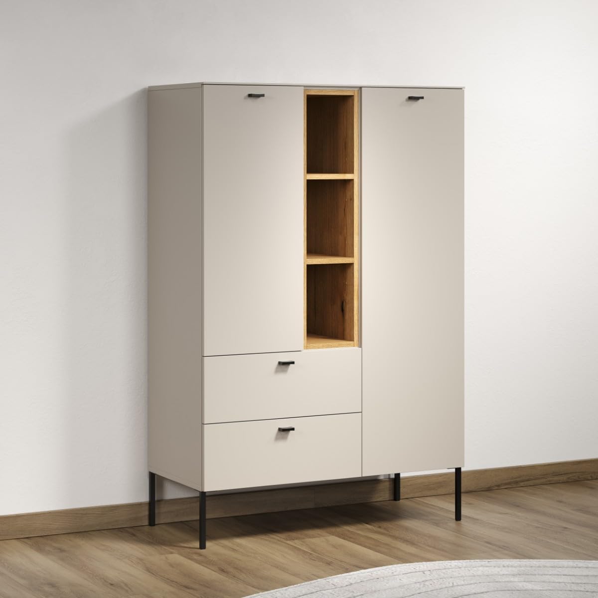 trendteam smart living Sao Paulo Highboard Kashmir (Beige)/Evoke Eiche Sideboard mit Soft-Close Funktion 93 x 140 x 42 cm Metallgriffe und -Füße Wohnzimmerschrank