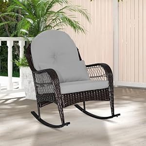 Tangkula Outdoor Wicker Rocking Chair, Patio Rattan Rocker with Seat Back Cushions & Waist Pillow, Sturdy Metal Frame, Mix Brown Outdoor Rocker for Balcony, Porch, Backyard Tangkula Outdoor Wicker Rocking Chair Patio Rattan Rocker with Seat Back Cushions Waist Pillow Sturdy Metal Frame Mix Brown Outdoor Rocker for Balcony Porch Backyard