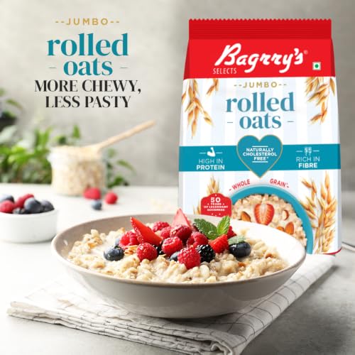 Image of Bagrry's Jumbo Rolled Oats 1kg | Whole Grain, High Fibre & Protein Breakfast Cereal | Non-GMO Oats | No Added Sugar & Preservatives | Instant Oats for Breakfast