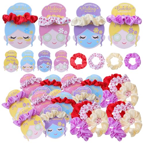 Daifunli 24 Pcs/12 Set Spa Party Hair Scrunchies with Card Sleepover Party Pink Red Purple Hair Makeup Ties Gift Women Birthday Favor for Spa Weekend Event Scrunchie Holder Gift Bag Filler
