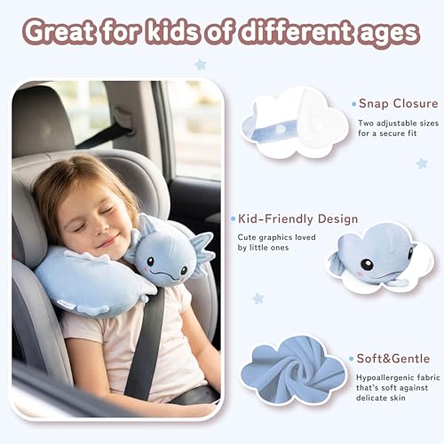 Image of Kids Travel Neck Pillow for Ages 3-8 with Memory Foam, Blue Axolotl | Removable cover, 13 in neck size, machine washable, hidden zipper, head and chin support, car seat and airplane use