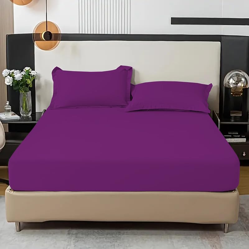 Fit Even Bedding Fitted Sheet - Deep Pocket 25cm, Easy Care, Percale, Soft Brushed Polycotton Fabric, Shrinkage and Fade Resistant (Double, Plum)