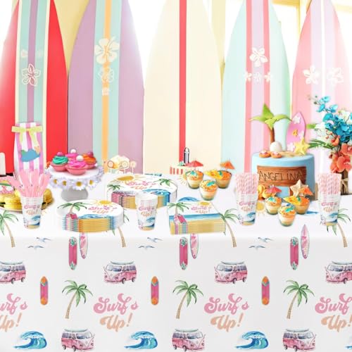 Image of APOWBLS Surf's Up Party Decorations Tablecloth Girls - Disposable Pink Surf Birthday Party Supplies Table Cover, Summer Hawaiian Beach Surfing Birthday Decorations Table Cloth - 3Pack (54in x 108in)