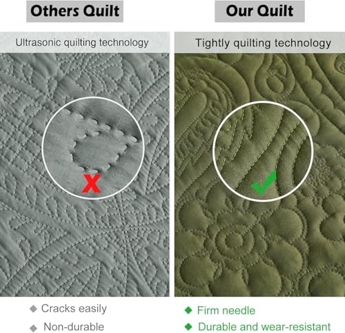 Image of EVENHUG Oversized King Quilt California King Size Lightweight Bedding Set Reversible Bedspread Coverlets for All Seasons 3 Piece (Olive Green 120 inchx128 inch)