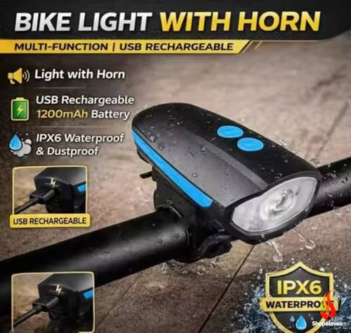Image of 2-in-1 Rechargeable and Waterproof LED Cycle Front Lights (3 Modes) with Horn (140 dB), Cycle Bell (Cycle Light)