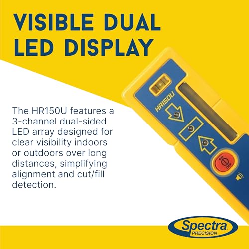 Image of Spectra Precision HR150U Laser Receiver for Interior Leveling with red or green beam rotating lasers. Dual Sided LED Display, Magnetic Mount, Includes Rod Clamp and Alkaline Batteries