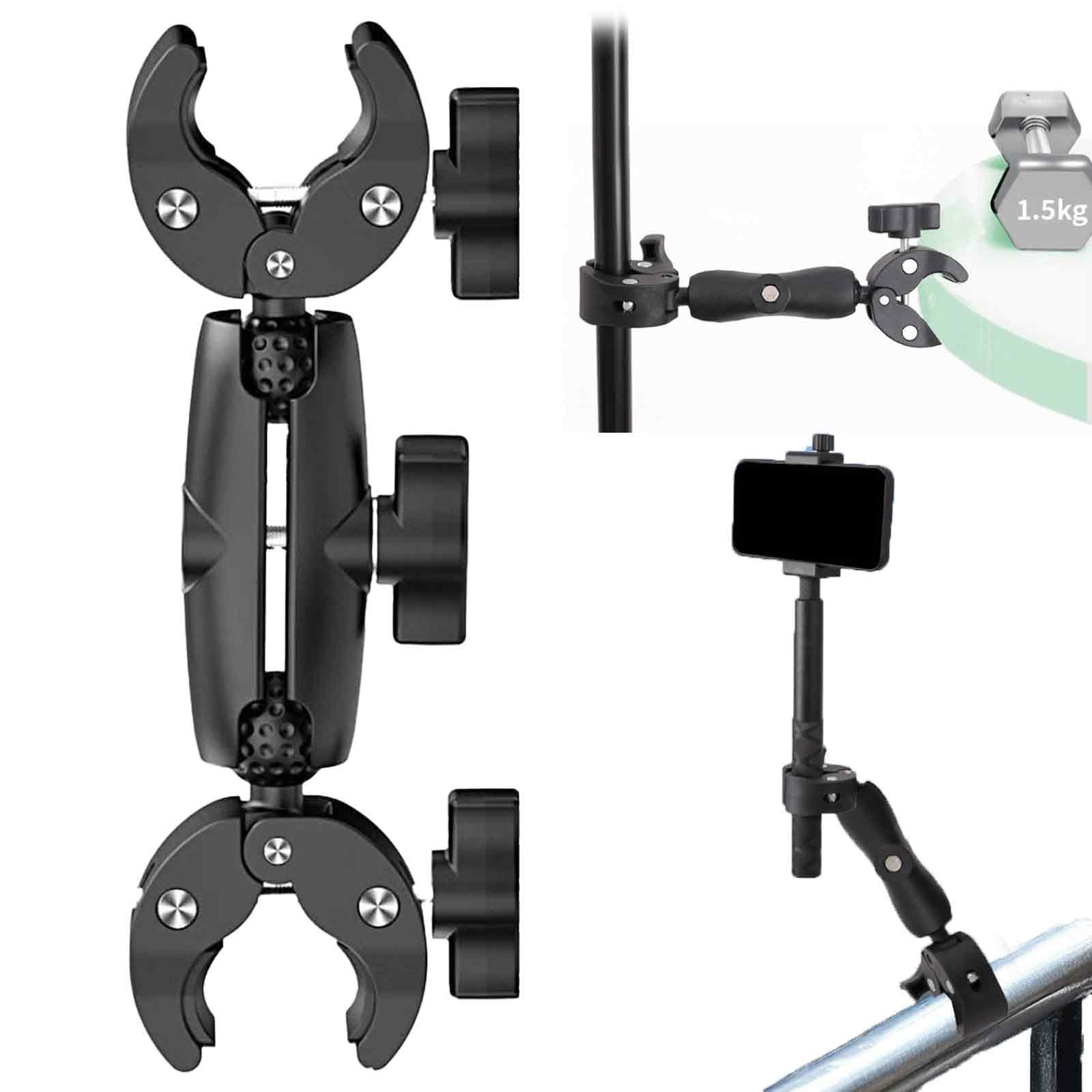 Double Clamp Mount Umbrella Crab Camera Pole Clamp Holder, Magic Arm for Chair Umbrella Clip, 360° Stroller Umbrella Mount, Wheelchair Clamp, Photo Studio Light Stand