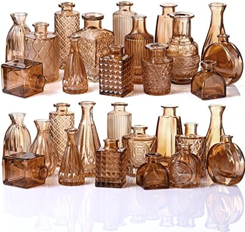 32 Pcs Clear Glass Bud Vase Set - Etched Vintage Centerpieces For Wedding & Table Decor