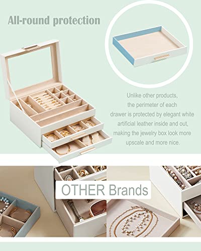 Milont Jewelry Box For Women,3 Layers Jewelry Organizer With Clear Lid,2 Drawers,Large Velvet Jewelry Storage Box For Necklace,Earring,Ring,Bracelets,Git For Mother's Day,Birthday,Anniversary (White) #TOP6