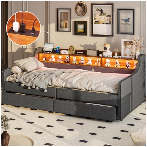 Catálogo de Sofa Cama Top 5. 47 125×200CM Sofa Cama,Sofa Cama Individual(Con Luz LED y Regleta),Cama Individual Con 2 cajones de almacenamiento,Viene Con Cojines de Lino,Con 2 Capas de...