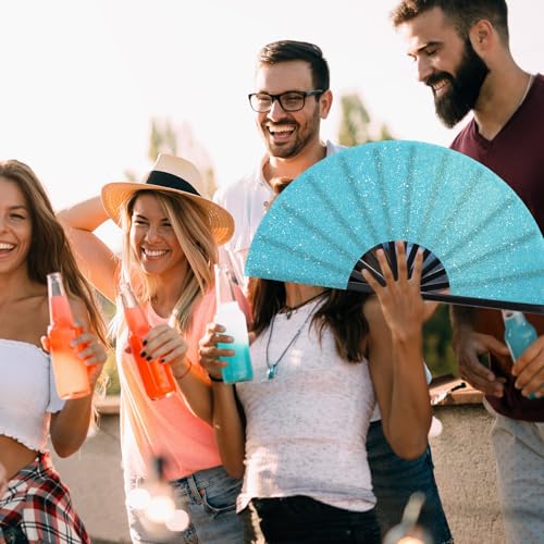 Image of Vercraft 13'' Large Rave Fan for Women Rave Accessories Festival Outfits Glitter Hand Folding Clack Fan for Line Dancing EDM Music Festival Outfits(Sky Blue)