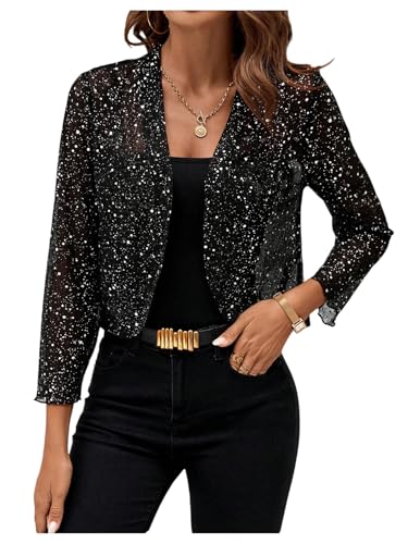 OYOANGLE Women's Sparkly Sheer Long Sleeve Open Front Cardigan Lightweight Glitter Cropped Shrug