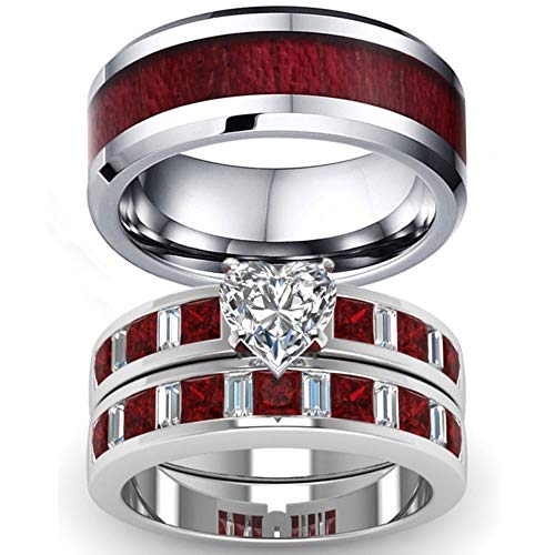 LWLH Couples Matching Rings | Women's 2pc White Gold Plated Heart Shape Simulated Ruby CZ Engagement Ring Bridal Sets | Men's Stainless Steel Wedding Band LWLH Couples Matching Rings | Women's 2pc White Gold Plated Heart Shape Simulated Ruby CZ Engagement Ring Bridal Sets | Men's Stainless Steel Wedding Band