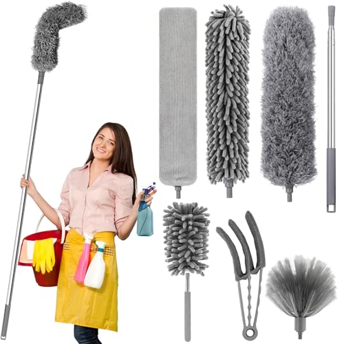 ZZXLOPEZ 7 Pièces Plumeau Telescopique, Poussiere Plumeau Lavable Microfibre, Plumeau Poussiere Telescopique 240 cm, Balai Télescopique pour Ventilateur...