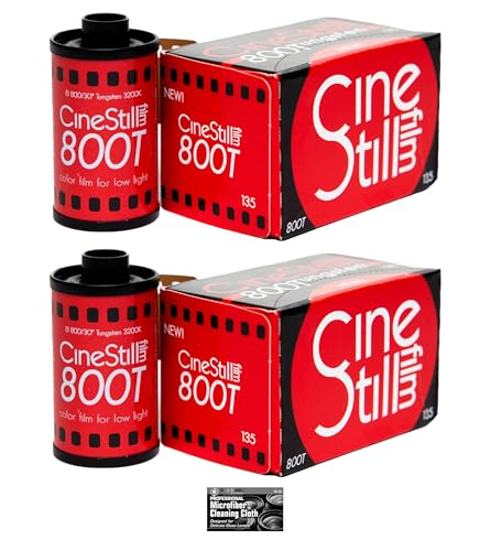 CineStill Film 800Tungsten C-41 Color Negative Film (35mm Roll Film 36 Exposures) - 2-Pack with Microfiber Cleaning Cloth