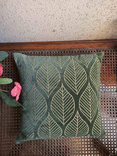 Image of Cotton Velvet with Leaf /Tribal ZARI Embroidered Stitched Zippered Cushion Cover (SAGE /Olive Green) | 16x16 Inches | Set of 2|