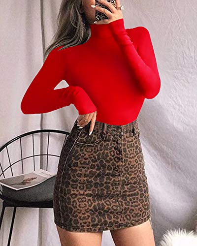 Image of MANGOPOP Women's Slim Fit Long Sleeve Mock Turtleneck Top Tunic T Shirt (Long Sleeve (Red), X-Small)
