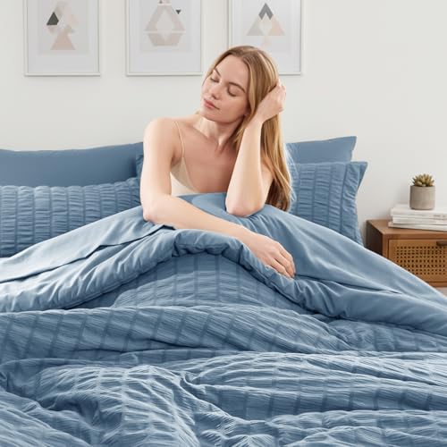 Image of HIMEET Oversized Queen Comforter Set - 7 Pieces Seersucker Bed in a Bag, Boho Bedding Set for Bedroom Decor, All Season Home Essential Bed Set with Comforter, Sheets, Pillowcases & Shams, Grayish Blue