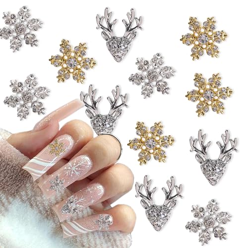 12Pcs Christmas Nail Charms 3D Alloy Snowflake Charm Gems Rhinestones Shiny Designs Silver Gold Jewelry for Women Girls Acrylic Manicure Decorations Supplies