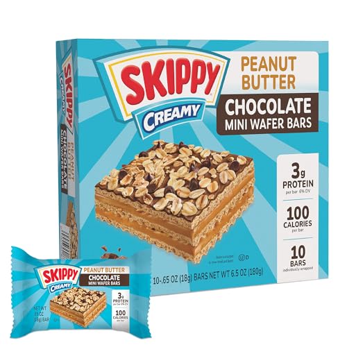 SKIPPY® Peanut Butter Wafer Bars Mini | Chocolate Fudge Flavored Coating | Peanut Butter Wafers with Chocolatey Chips & Oats on Top | Sweet & Creamy Dessert Snacks | 0.65 oz (18g) Per Bar, 10-Pack