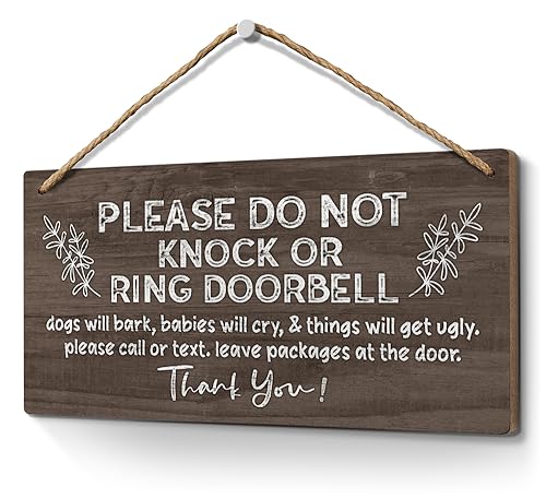 Image of Heuhuww Please Do Not Knock or Ring Doorbell Sign 6x12,Funny Baby Sleeping Sign for Front Door,No Soliciting Sign for House,Do Not Disturb Door-Must Have Home Door Sign-Brown