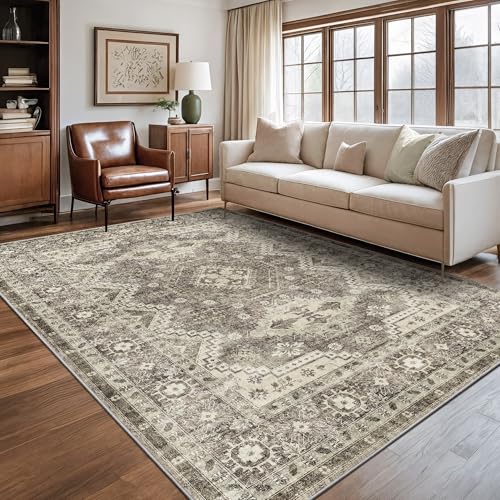 Rugland 5x7 Area Rugs - Stain Resistant Washable Rug, Anti Slip Rugs for Living Room, Vintage Tribal Area Rugs(TPR07-Ivory, 5'x7')