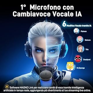MAONO Microfono Wireless, Microfono PC con Software Cambiavoce Vocale IA, Cancellazione del Rumore, EQ personalizzata, Luci RGB Regolabili per Gioco, Podcasting, Streaming, DM40 Nero