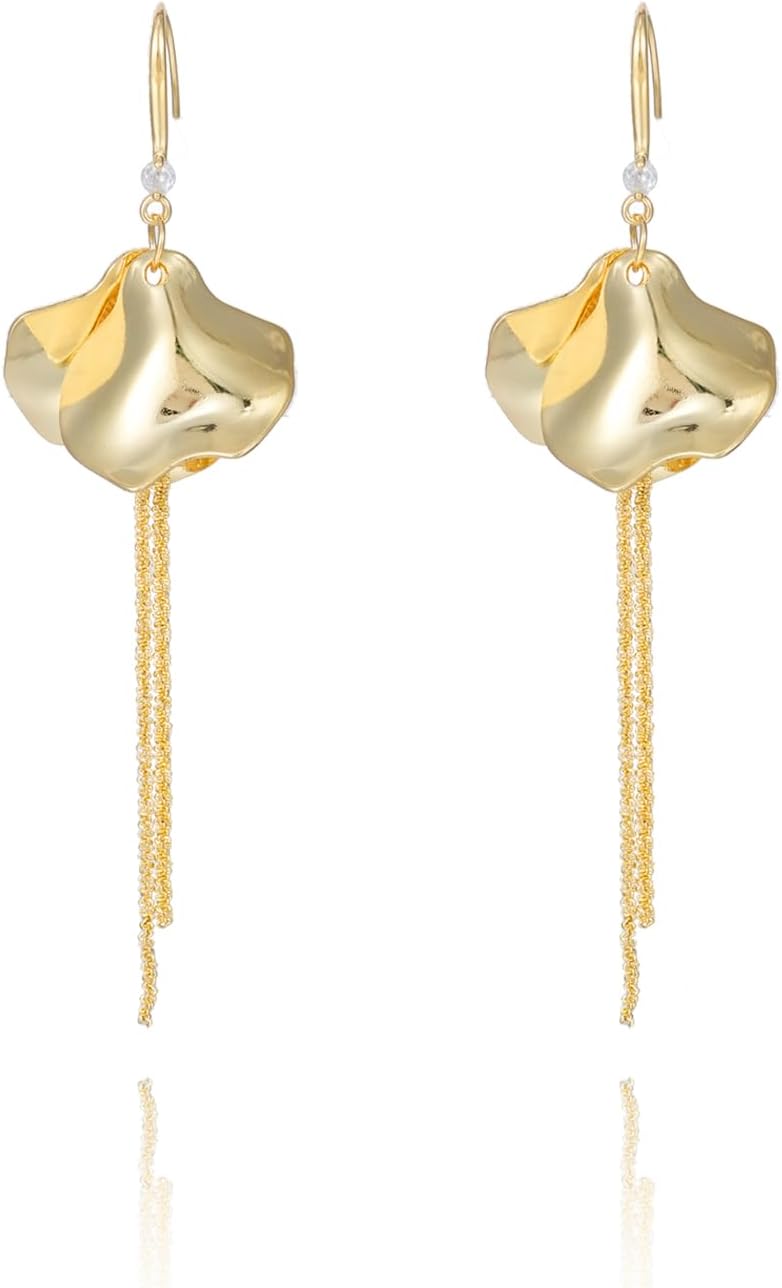 Leaf Fringe Dangling Earrings For Women,Petal Hook Tassel Drop Earrings For Lady,14k Gold Plated Earrings for Party Prom Wedding Brides