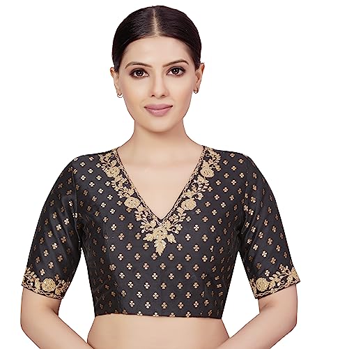 Image of Studio Shringaar Women's Brocade Embroidered V-Neck Readymade Elbow Length Sleeves Saree Blouse