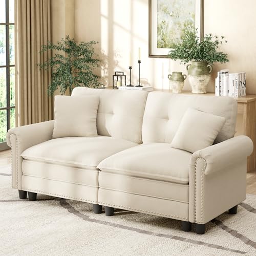 Image of HERA'S HOUSE 73.2 inch Modular Loveseat Cloud Couch Deep Seats & Rolled Arms | Mid-Century Modern 2-Seater Loveseat, Beige, Nailhead Trim, Wider Deeper Seats, Soft Chenille Sofa for Living Room Bedroom