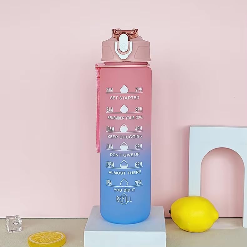 Motivational Water Bottle with Time Markers, 900ML Gradient Ombre Design, Flip-Top Lid, Carry Strap, Hourly Hydration Tracker (Pink and Blue)