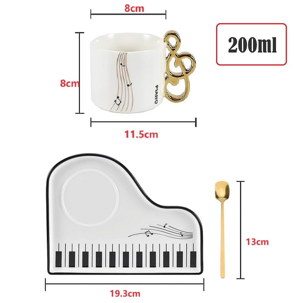 Tazze in Ceramica con Note Musicali con Piattino e Cucchiaino, Tazze da Caffè Creative con Tema Piano, Tazze da Cappuccino 200 ml, Tazze da Caffè in Porcellana, Tazze Mocha in Set Regalo (Bianco