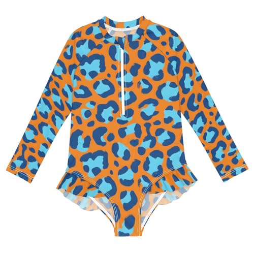 Orange Blue Leopard Pattern Girls Long Sleeve Swimsuit Rash Guard One Piece Bathing Suits Zipper 3-12T