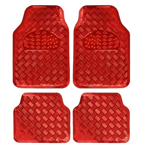 BDK Metallic Chrome Car Floor Mats All-Weather Universal Fit Automotive Floor Mats for Cars SUVs Floor Mats for Trucks Car Mats Full Set Front & Rear Non-Slip Backing - Red