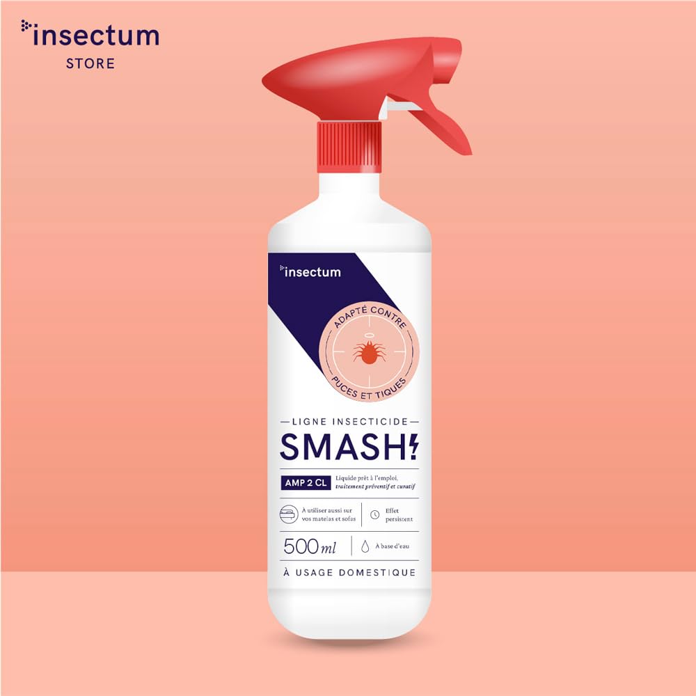 SMASH Spray Anti-Puces et Anti-Tiques pour Environnements et Tissus - Pour Utilisation à Domicile et en Extérieur - 1x500ml - Insecticide Sans Perméthrine