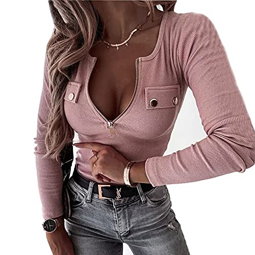 Womens Long Sleeve Henley T Shirts Button Down Slim Fit Zipper Tops Scoop Neck Ribbed Knit Shirts(Pink,Small) #TOP2