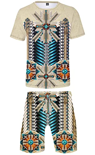 AMOMA Unisex Native Indians Pattern Ethnic Style Print Crewneck T-shirt and Shorts Sets Outfit