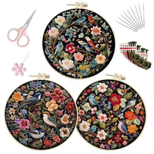 Image of LB Red Floral Embroidery Kit for Beginners Adults, 3 Sets Hand Embroidery Starter Kit with Cute Bird Pattern and Instructions Stamped Cross Stitch Kits Include Embroidery Hoop Needles Threads Scissors
