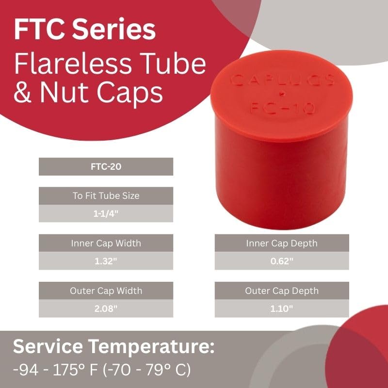 Image of Caplugs FTC-20 - FTC Series - Flareless Tube and Nut Caps, 200 Pack, to Fit Tube Size 1-1 /4 inch, Inner Cap Width 1.32 inch x Width 2.08 inch x Length 1.10 inch, Low-Density Polyethylene (PE-LD), Red (99191019)