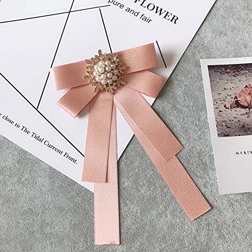 Image of Women Elegant Pearl Ribbon Bow tie Brooches Pin Jewelry Pre-Tied Collar Neck Tie Clip for Lady Girls Wedding Party