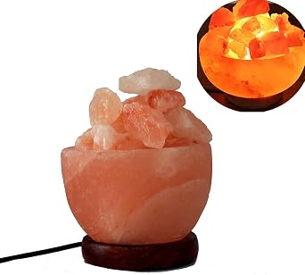 Pink Himalayan Crystal Salt with Natural Crystal lamp Bowl, dimmers Lines and Classic Wood Base