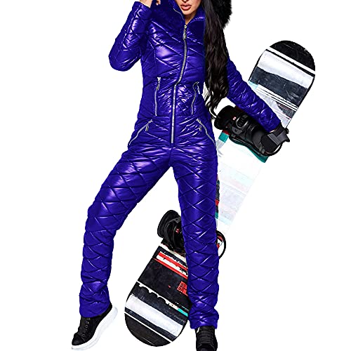 Damen Einteiliger Ski-Jumpsuit, Outdoor-Sport, Reißverschluss, Hut, Schneeanzug, wasserdicht, winddicht, mit Kapuze, blau, XX-Large Cover