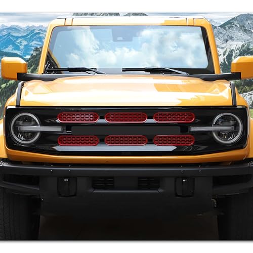Image of Front Grill Mesh Grille Inserts Cover Frame Trims Kit 6Pcs Fit for Ford Bronco 2021-2025+ 2 /4 Door Exterior Accessories (Red)