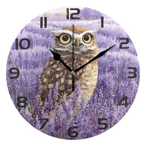 ALAZA Owl Lavender Wall Clock Non Ticking Decorative Desk Clock for Bedroom Kitchen Living Room Scho